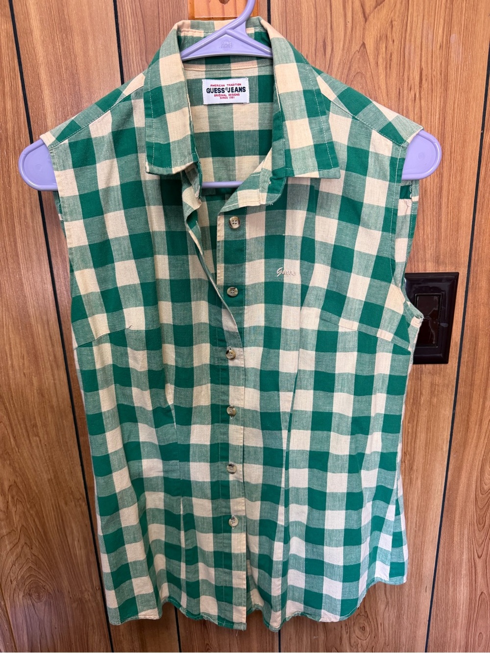 Guess Green & Cream Gingham Button-Down Shirt